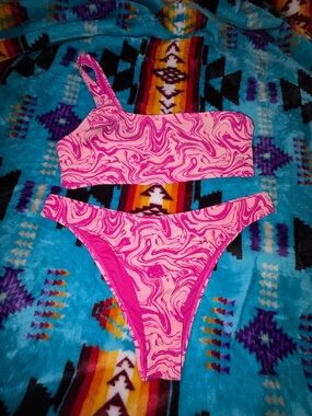 Pink Swirl One-Shoulder Bikini Set
